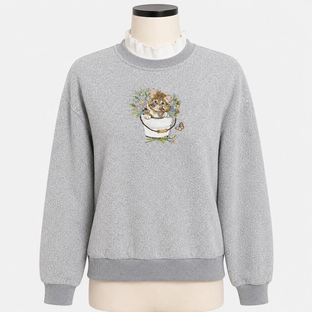 BonWorth Gray Cat Embroidered Fleece Sweatshirt Women's Medium M Turtleneck
